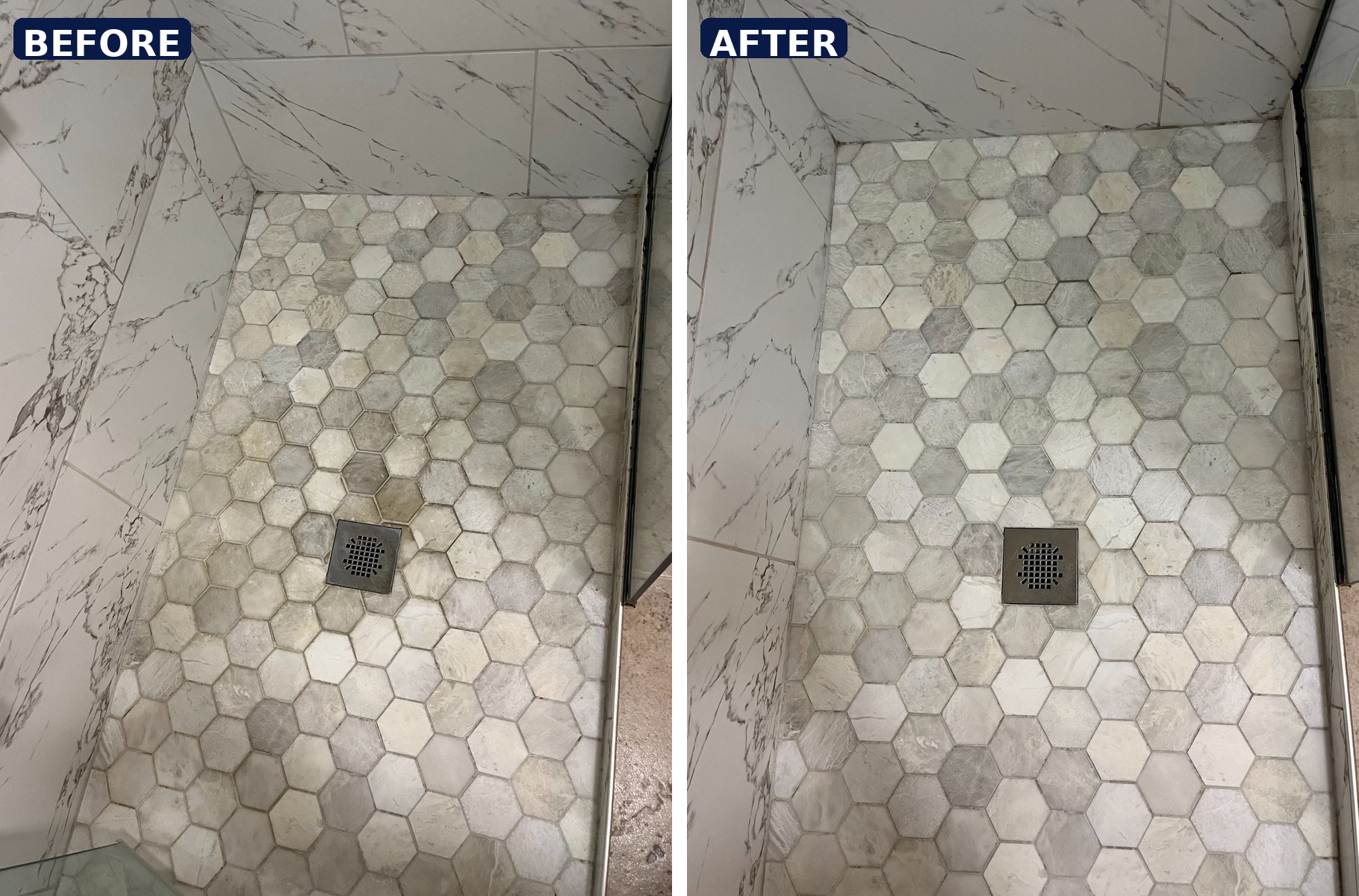 Shower floor before and after cleaning